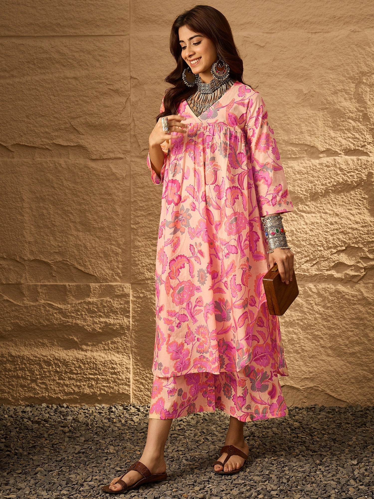 InWeave Light Peach Big V-Flared Kurta Set