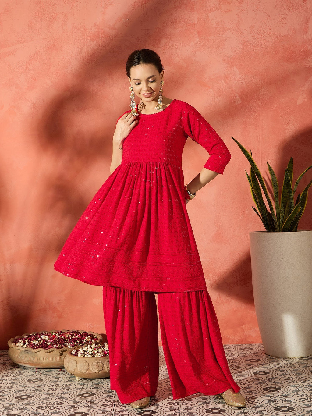InWeave Red Chikankari Anarkali Kurta Sharara Set - Distacart