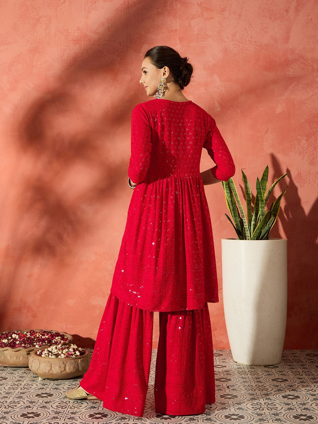 InWeave Red Chikankari Anarkali Kurta Sharara Set - Distacart