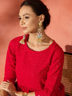 InWeave Red Chikankari Anarkali Kurta Sharara Set - Distacart