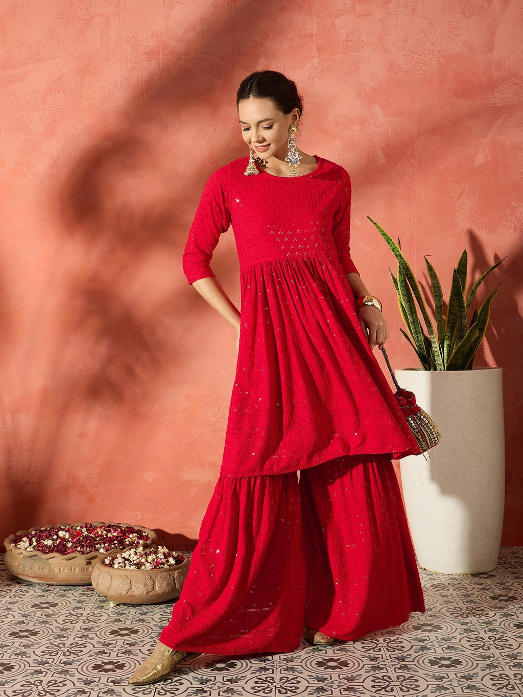 InWeave Red Chikankari Anarkali Kurta Sharara Set - Distacart