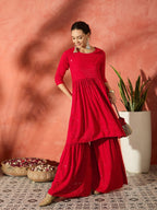 InWeave Red Chikankari Anarkali Kurta Sharara Set - Distacart