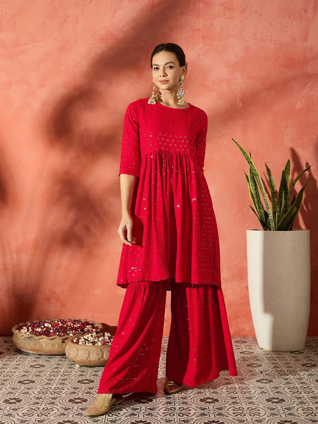 InWeave Red Chikankari Anarkali Kurta Sharara Set - Distacart