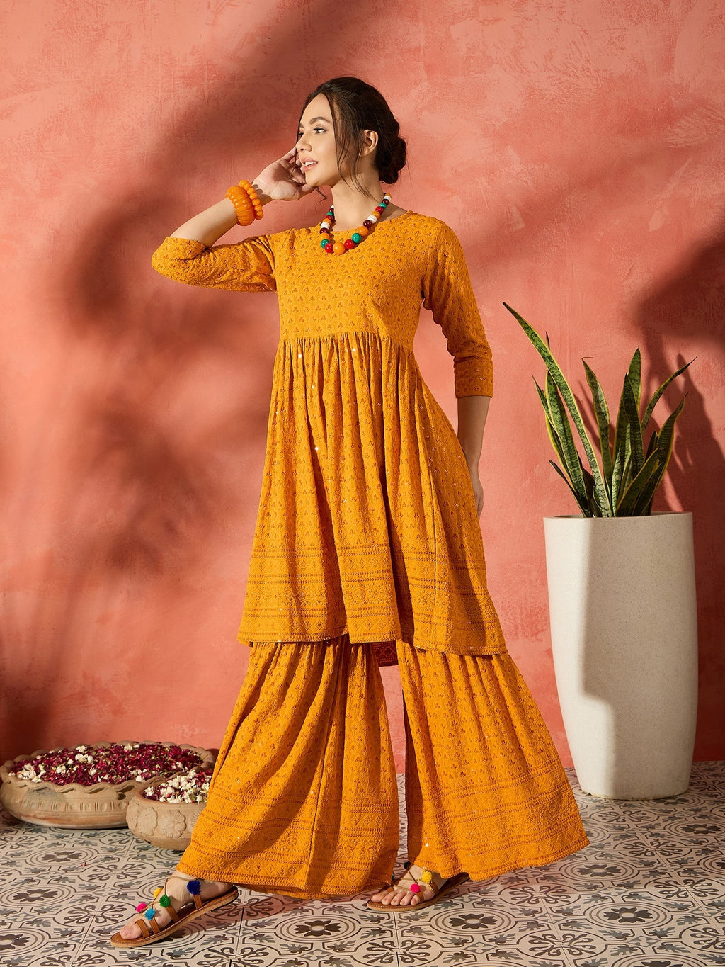 InWeave Mustard Chikankari Anarkali Kurta Sharara Set - Distacart