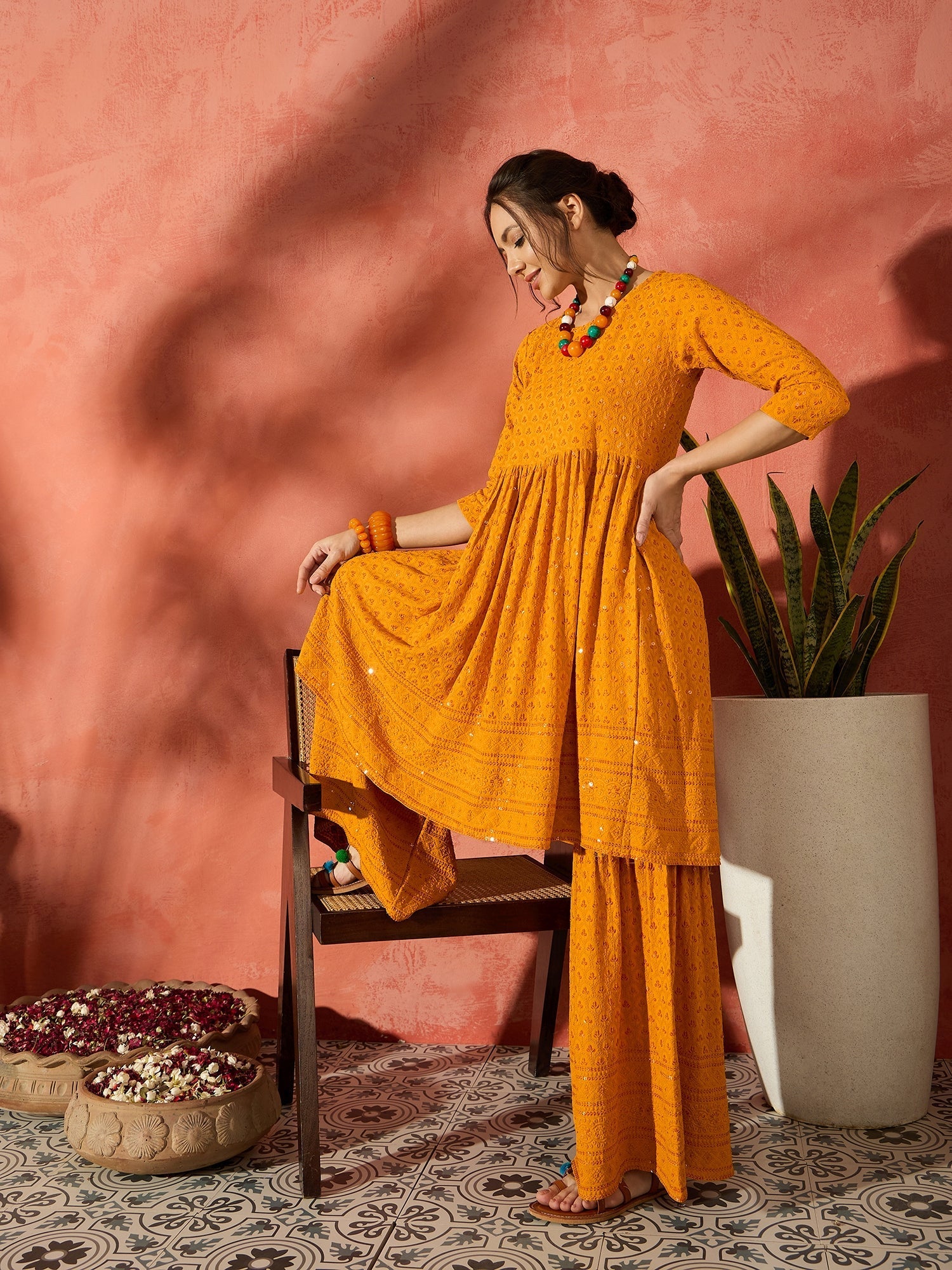 InWeave Mustard Chikankari Anarkali Kurta Sharara Set - Distacart