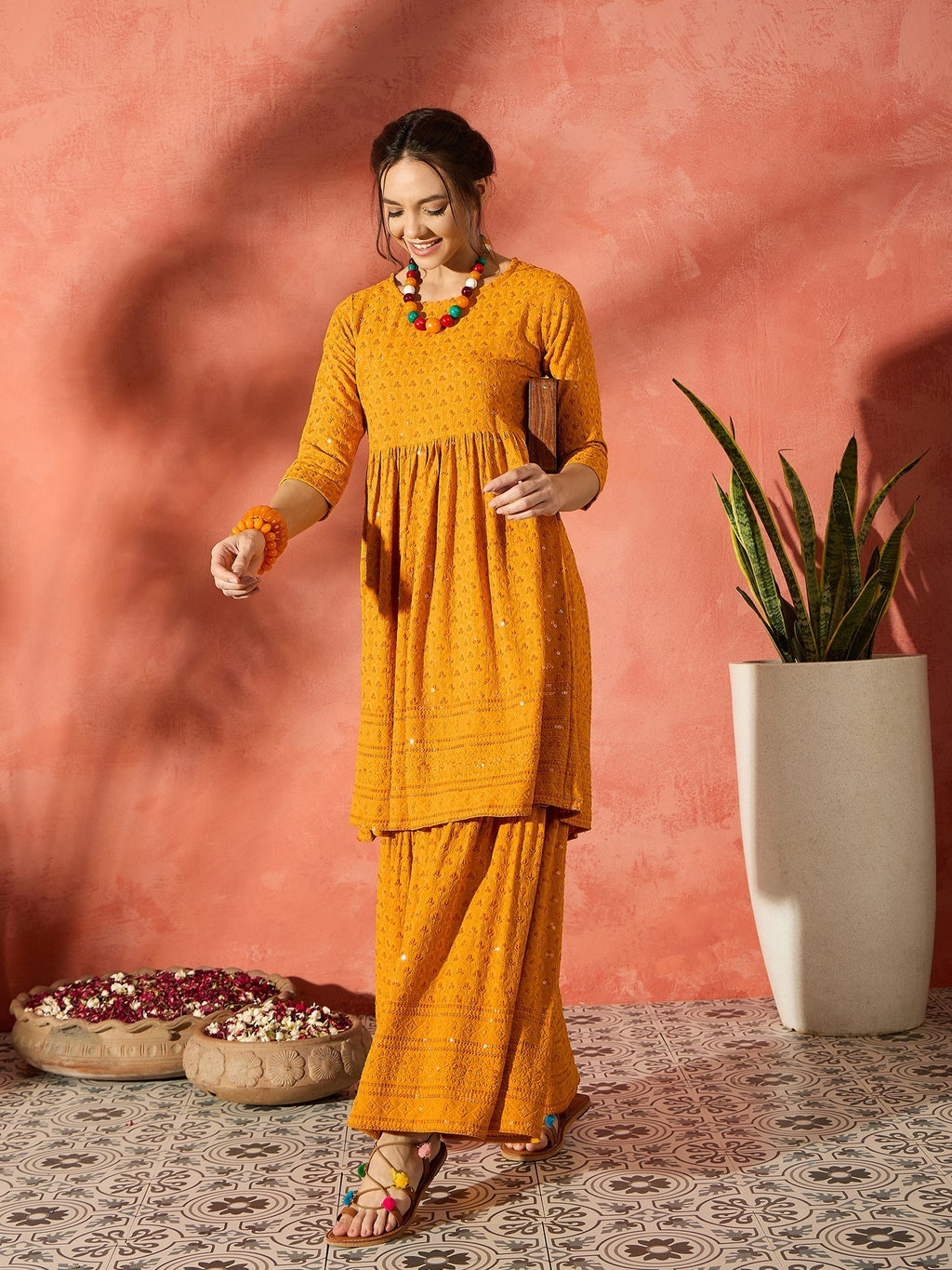 InWeave Mustard Chikankari Anarkali Kurta Sharara Set - Distacart