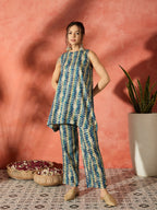 InWeave Teal Leaf Zig Zag Foil W/S Kurta Pant Set