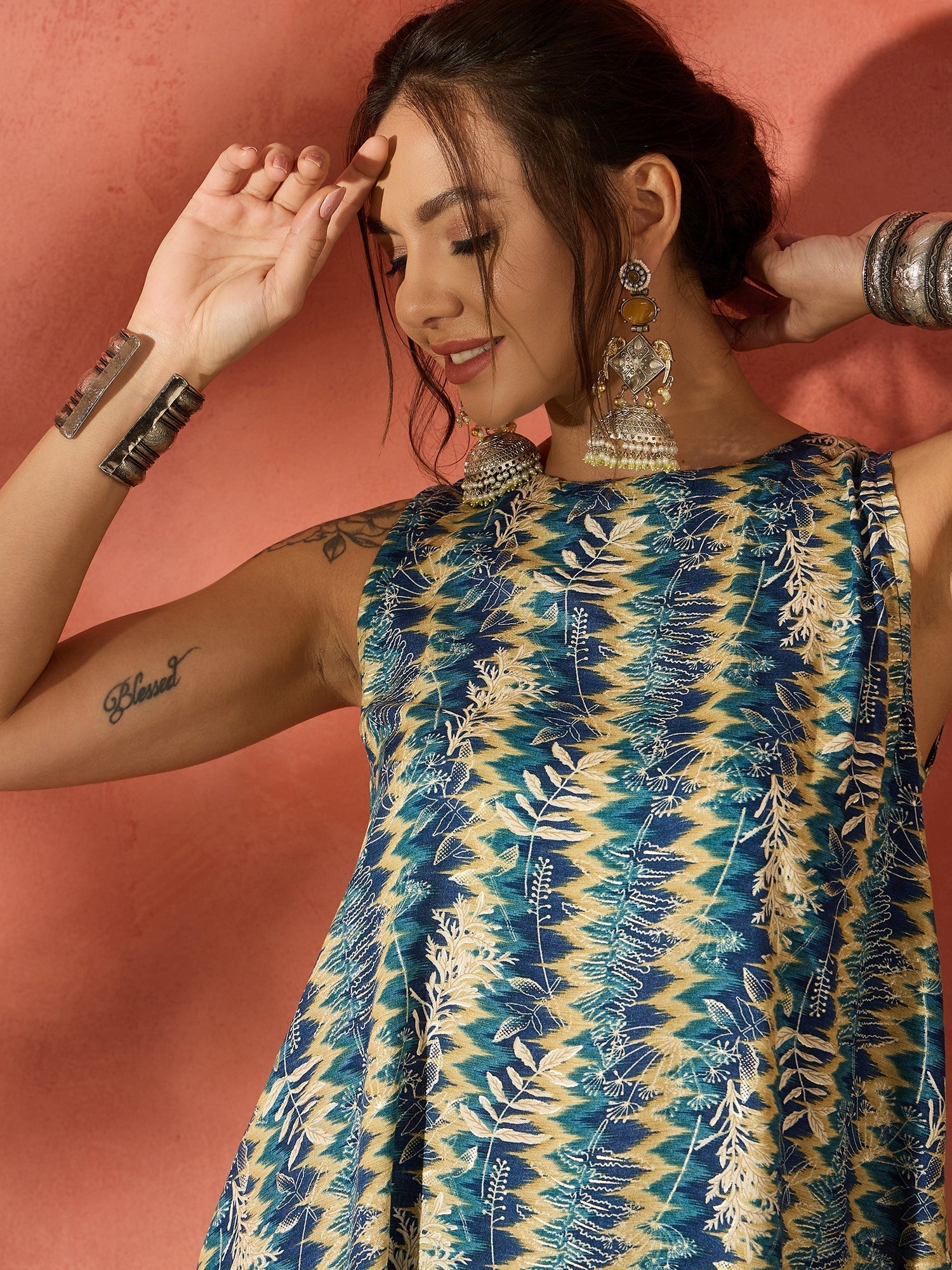 InWeave Teal Leaf Zig Zag Foil W/S Kurta Pant Set