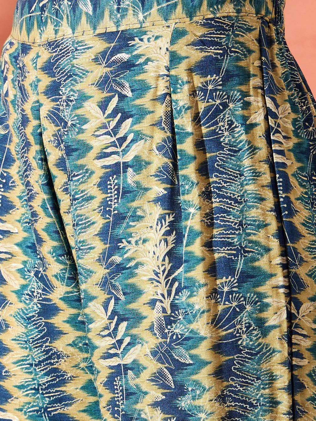 InWeave Teal Leaf Zig Zag Foil W/S Kurta Pant Set