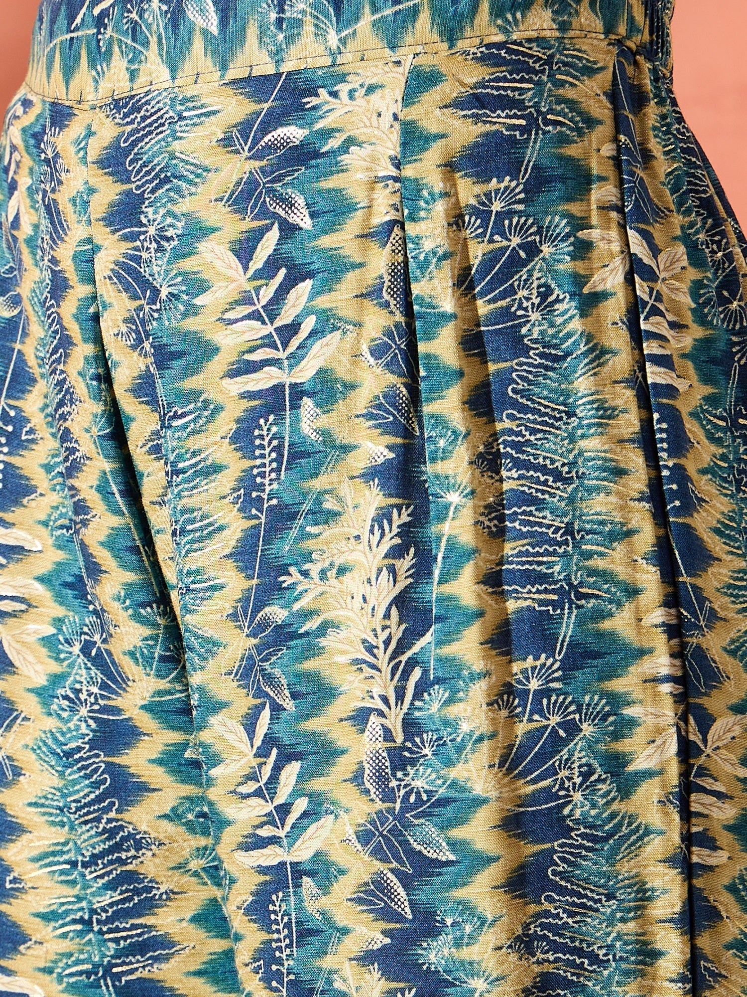 InWeave Teal Leaf Zig Zag Foil W/S Kurta Pant Set