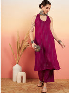 InWeave Women's Wine Lurex Neck Patti Halter Kurta Pant Set