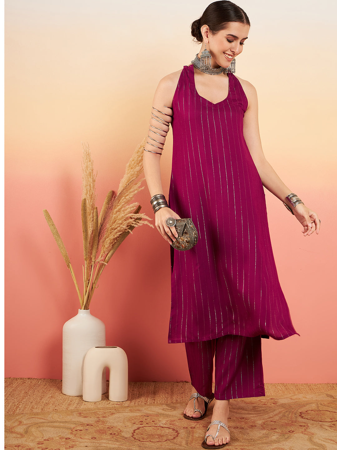 InWeave Women's Wine Lurex Neck Patti Halter Kurta Pant Set