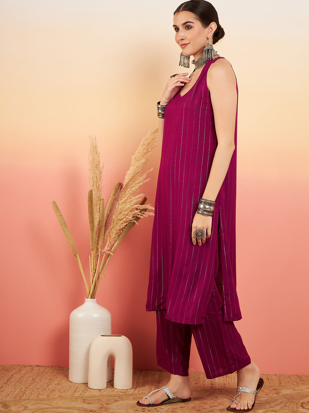 InWeave Women's Wine Lurex Neck Patti Halter Kurta Pant Set