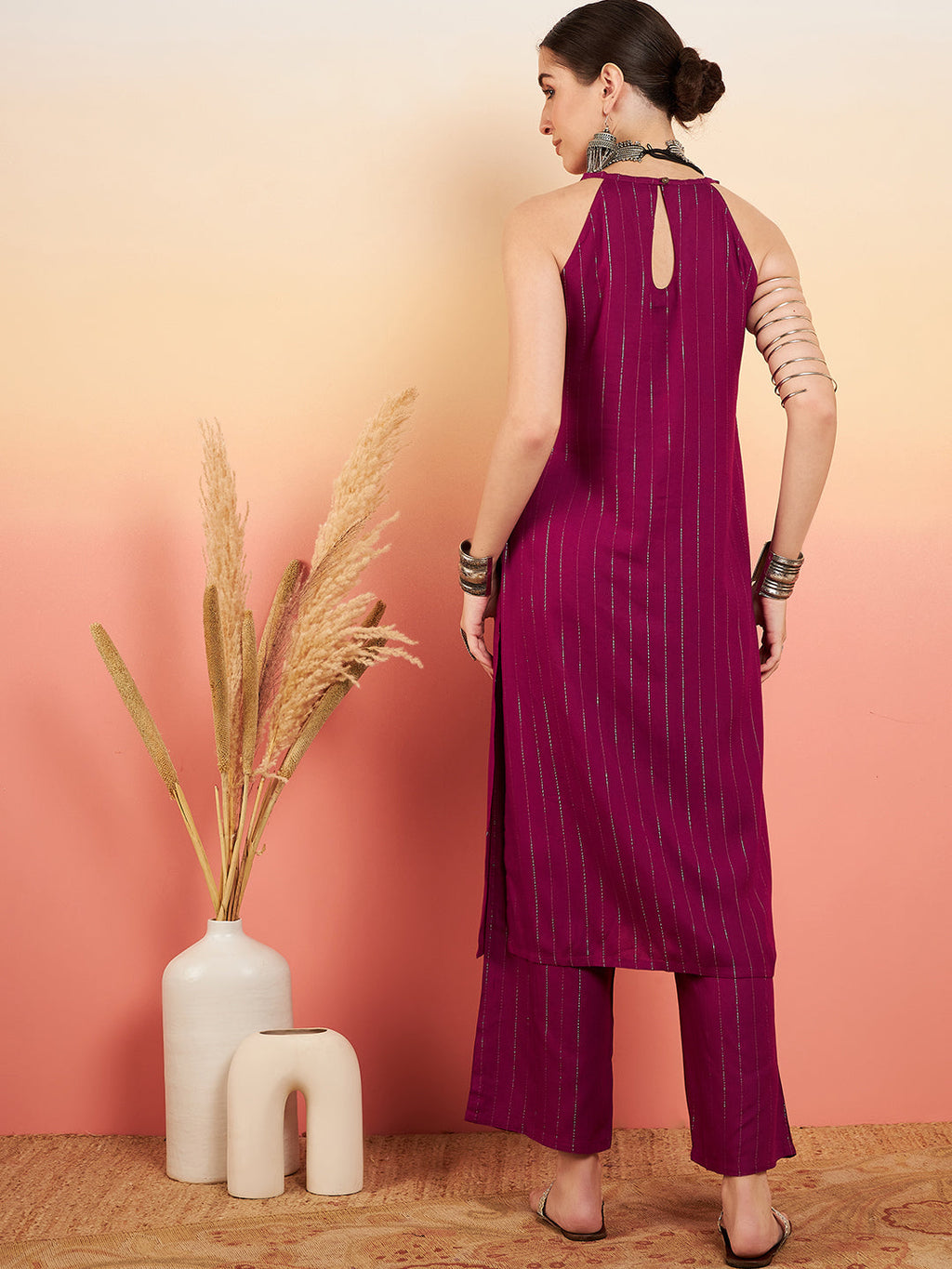 InWeave Women's Wine Lurex Neck Patti Halter Kurta Pant Set