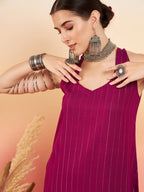 InWeave Women's Wine Lurex Neck Patti Halter Kurta Pant Set