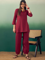 InWeave Burgundy Solid V Neck Short Kurta Pant Set