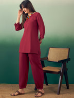 InWeave Burgundy Solid V Neck Short Kurta Pant Set