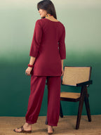 InWeave Burgundy Solid V Neck Short Kurta Pant Set