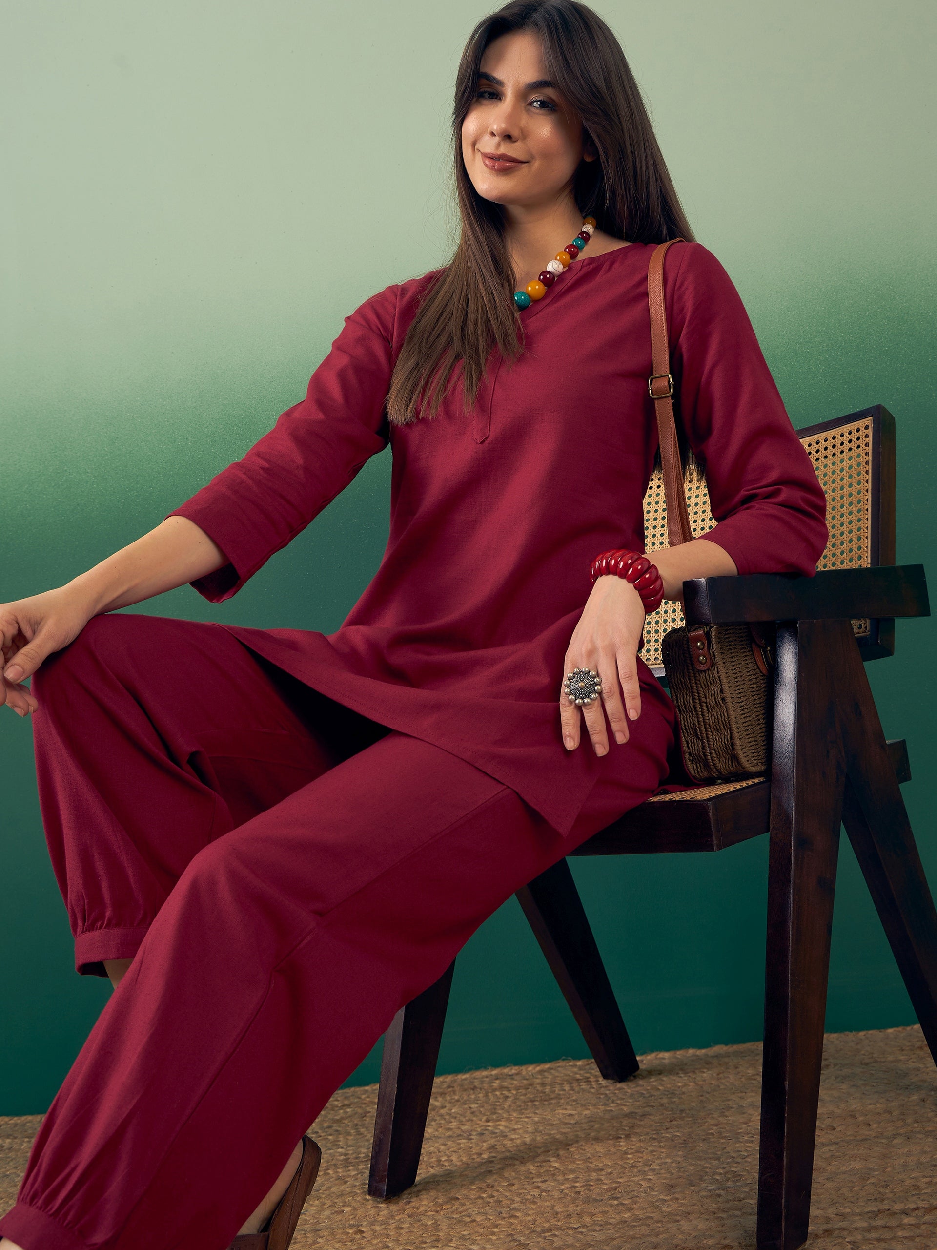 InWeave Burgundy Solid V Neck Short Kurta Pant Set