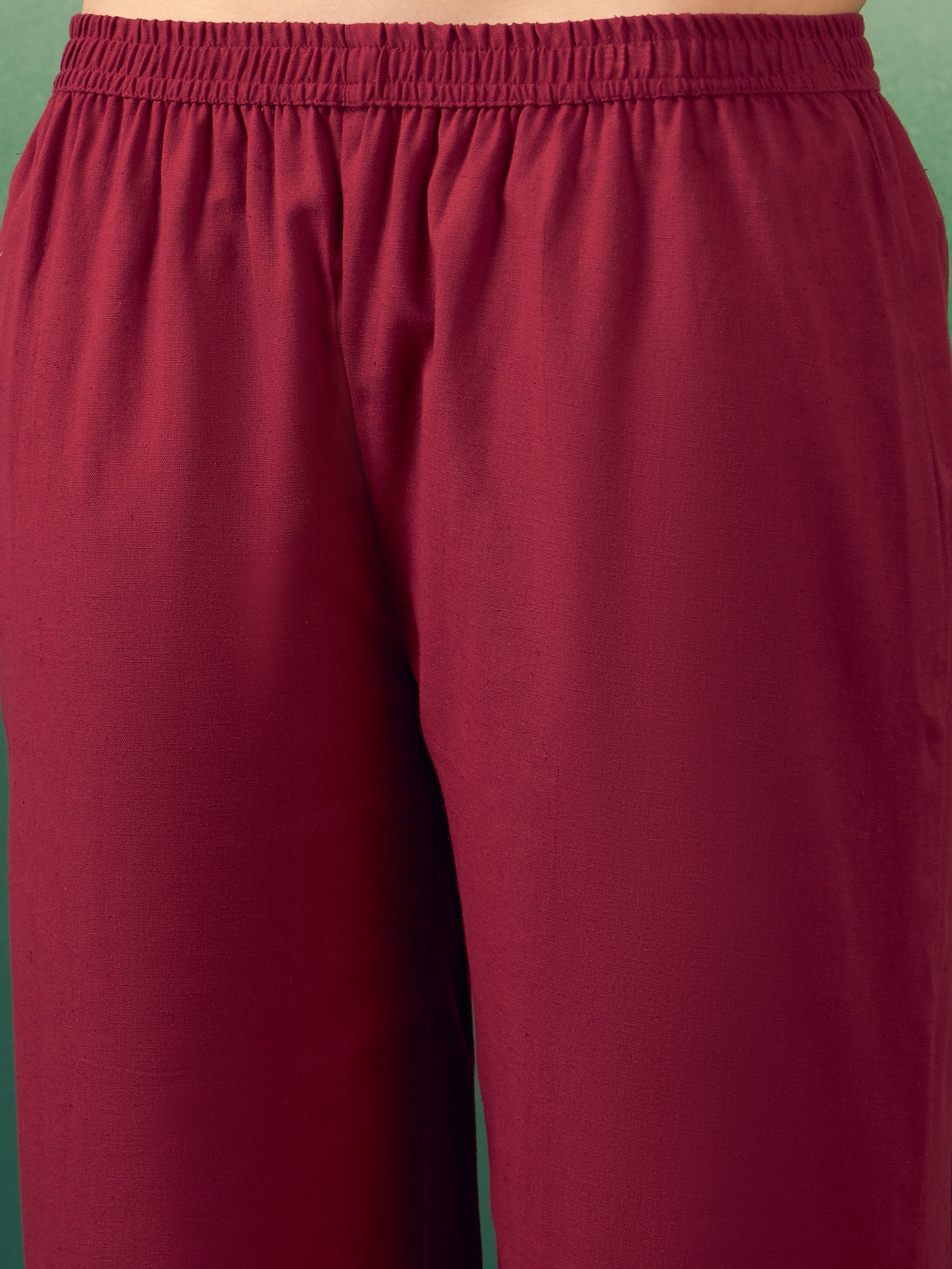 InWeave Burgundy Solid V Neck Short Kurta Pant Set