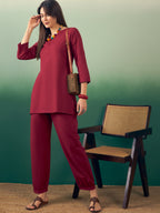 InWeave Burgundy Solid V Neck Short Kurta Pant Set