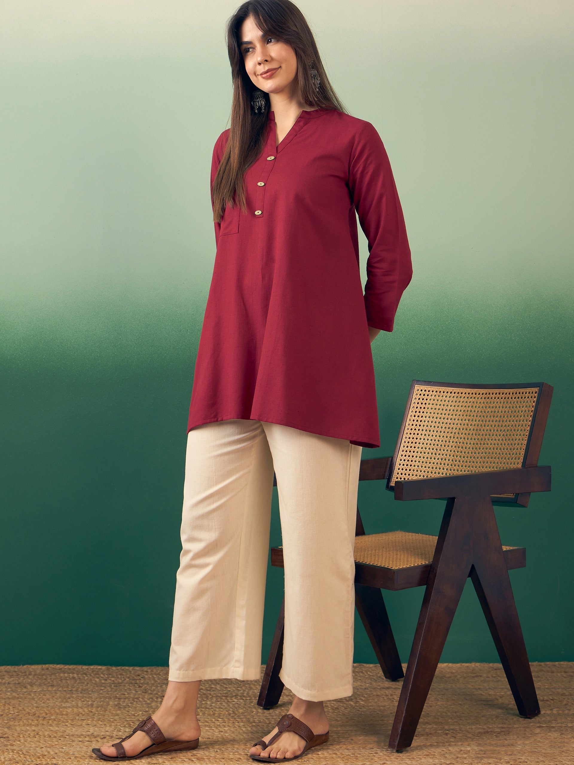 InWeave Burgundy Mandarin V Neck Button Kurta Cream Pant Set