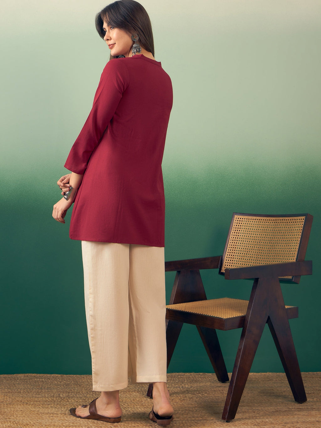 InWeave Burgundy Mandarin V Neck Button Kurta Cream Pant Set