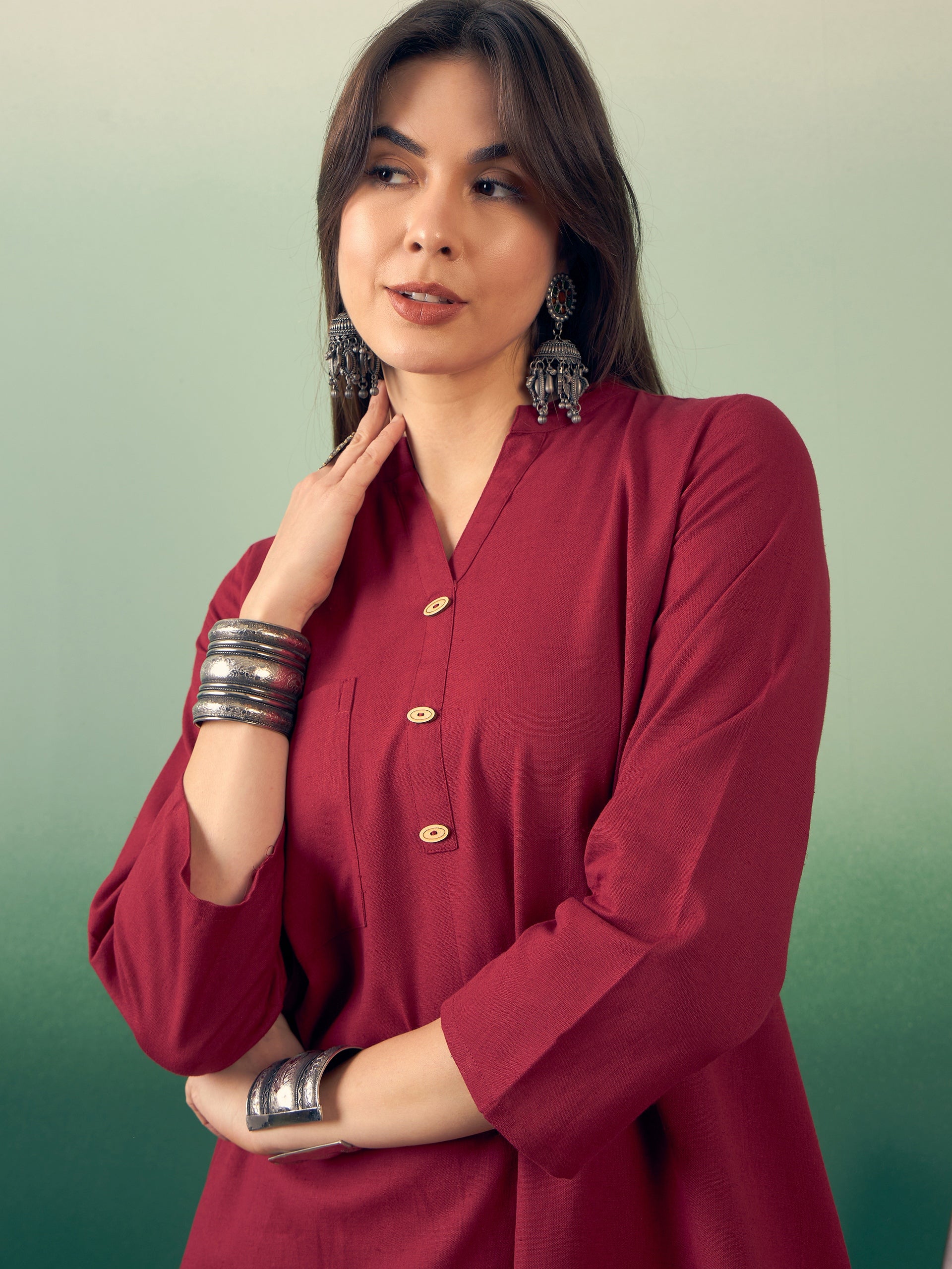 InWeave Burgundy Mandarin V Neck Button Kurta Cream Pant Set