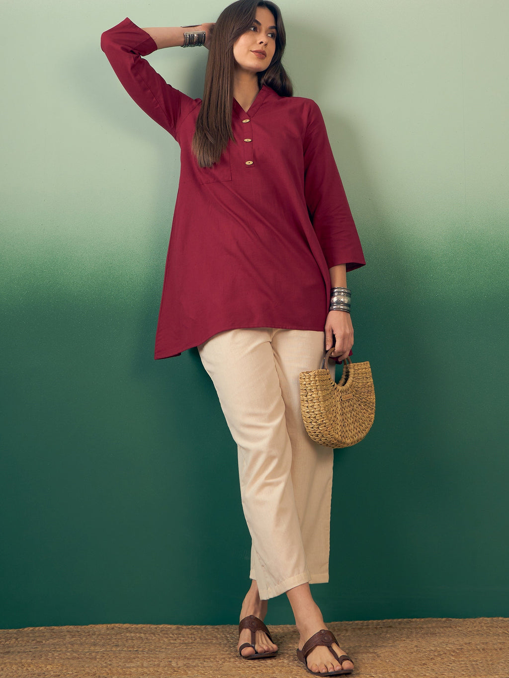 InWeave Burgundy Mandarin V Neck Button Kurta Cream Pant Set