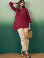 InWeave Burgundy Mandarin V Neck Button Kurta Cream Pant Set