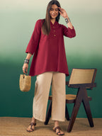 InWeave Burgundy Mandarin V Neck Button Kurta Cream Pant Set