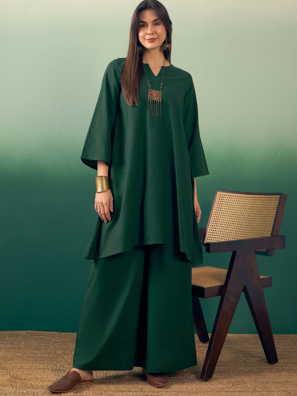 InWeave Dark Green Kurta Palazzo Set