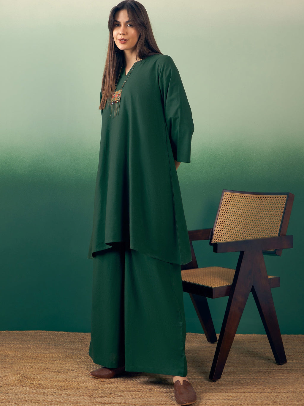 InWeave Dark Green Kurta Palazzo Set