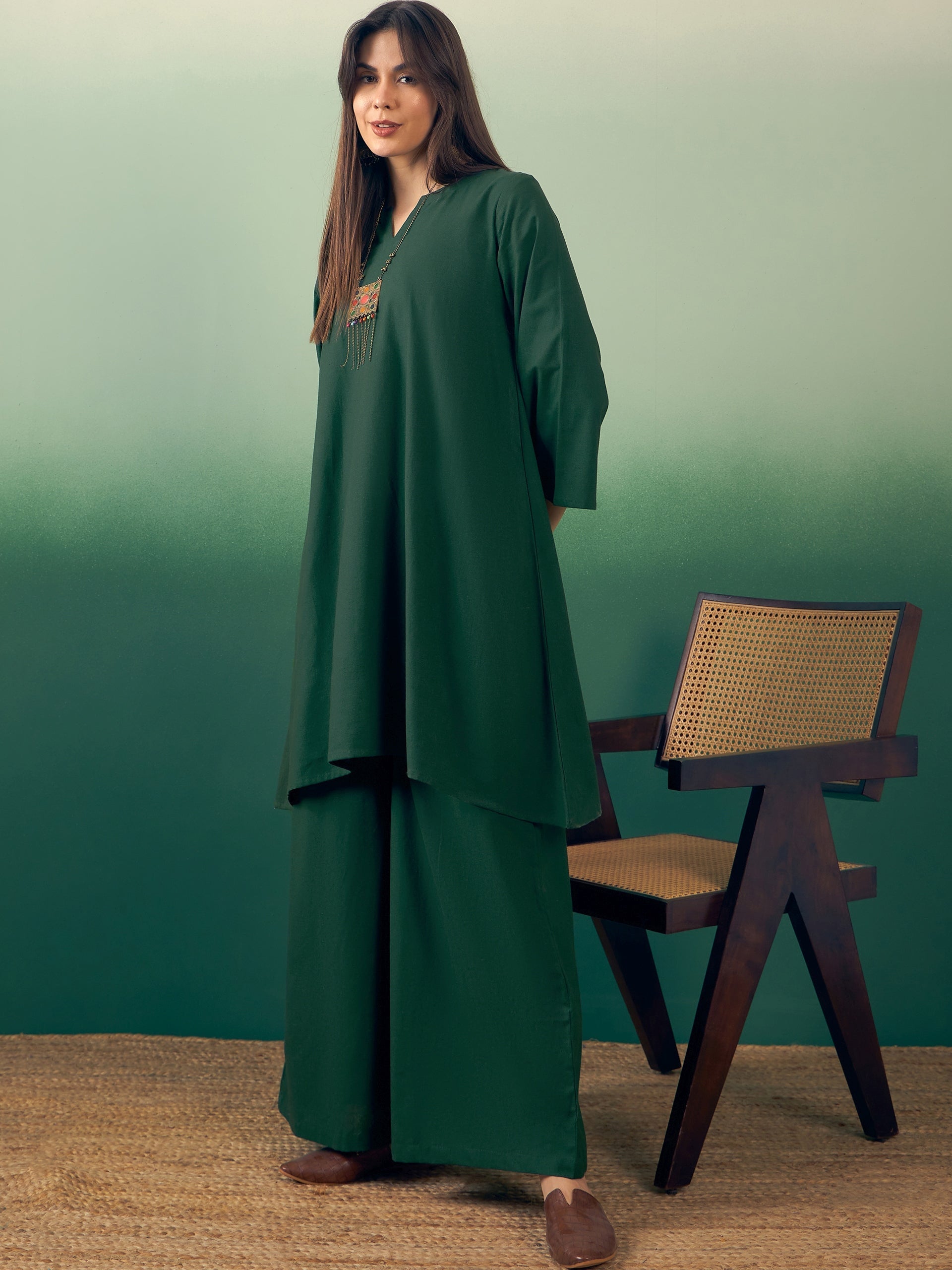 InWeave Dark Green Kurta Palazzo Set