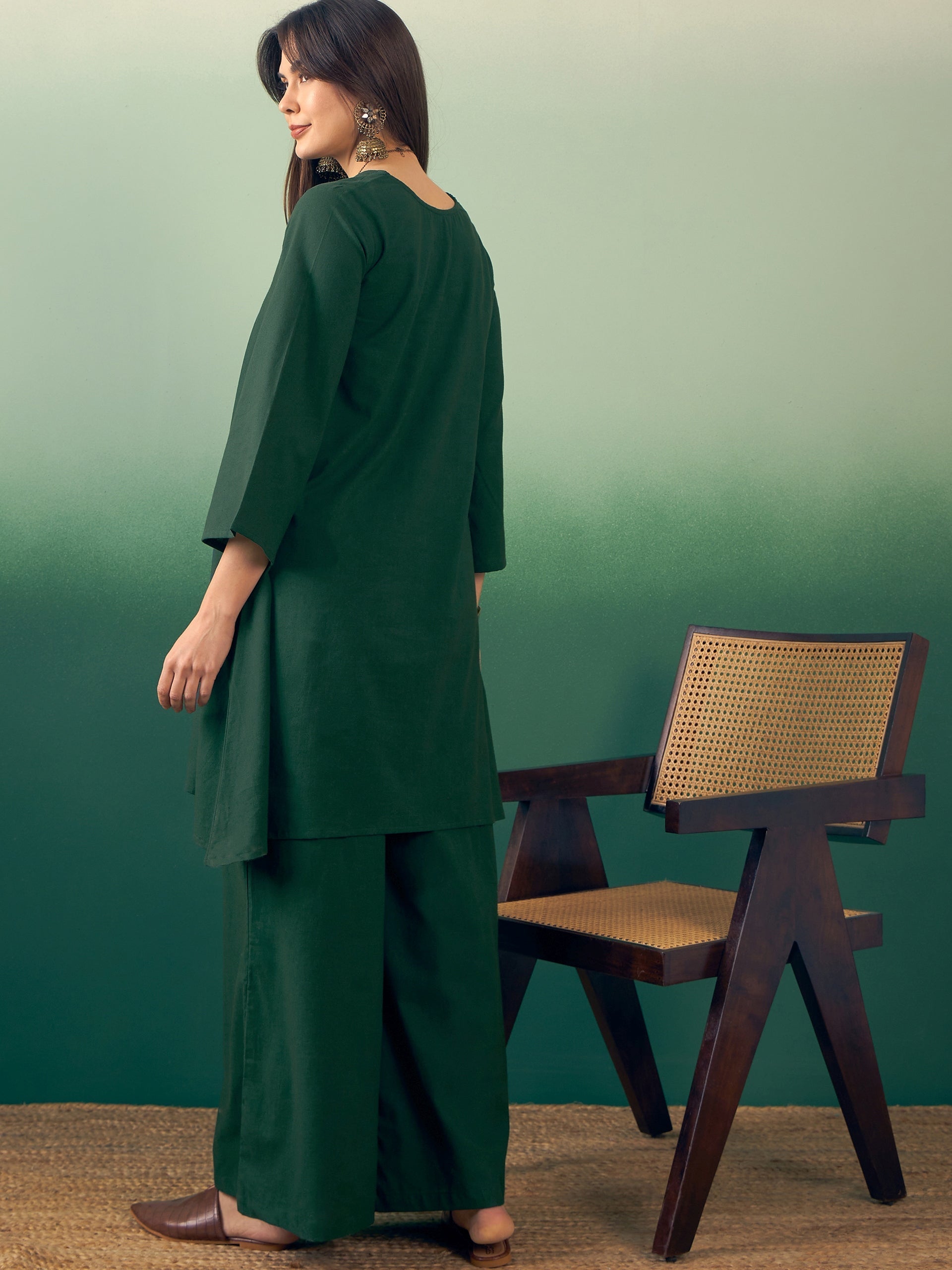 InWeave Dark Green Kurta Palazzo Set