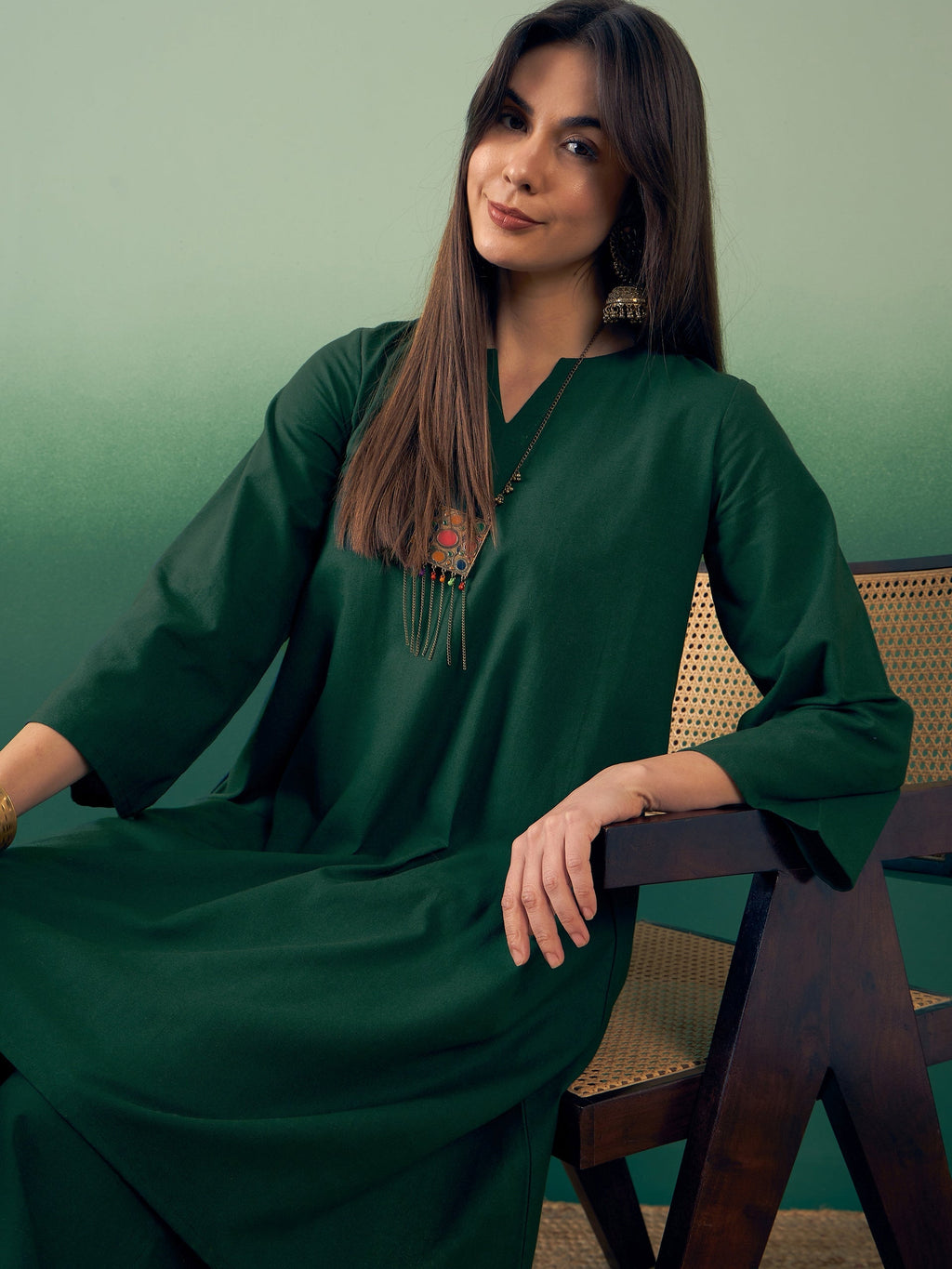 InWeave Dark Green Kurta Palazzo Set