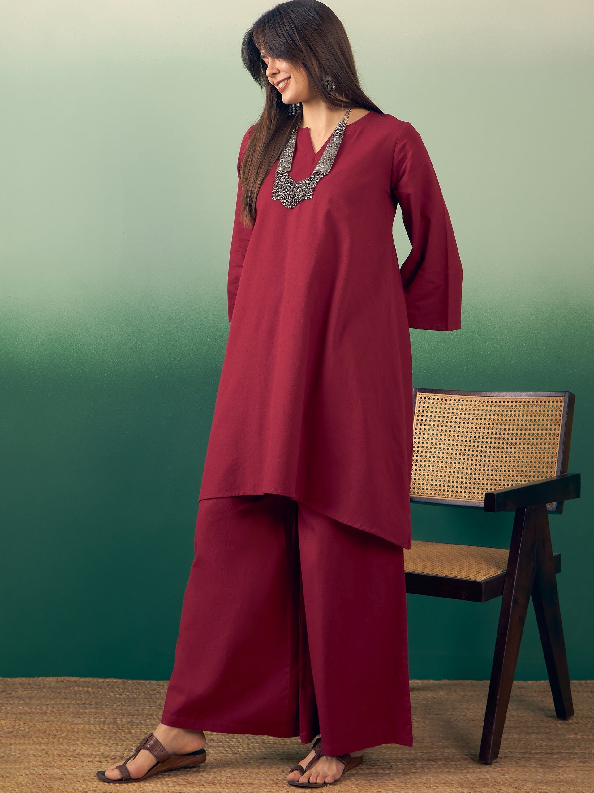 InWeave Burgundy Kurta Palazzo Set