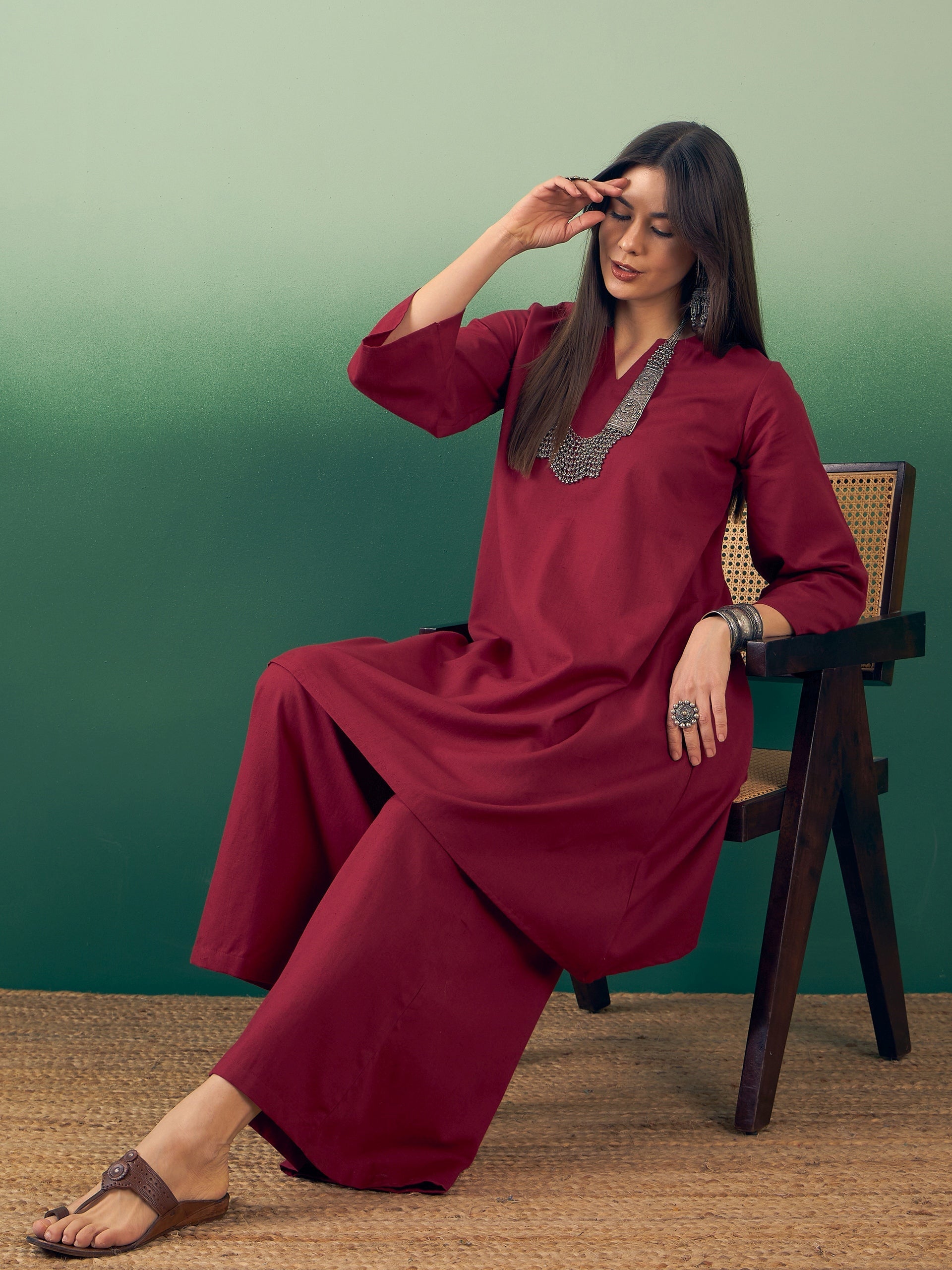 InWeave Burgundy Kurta Palazzo Set