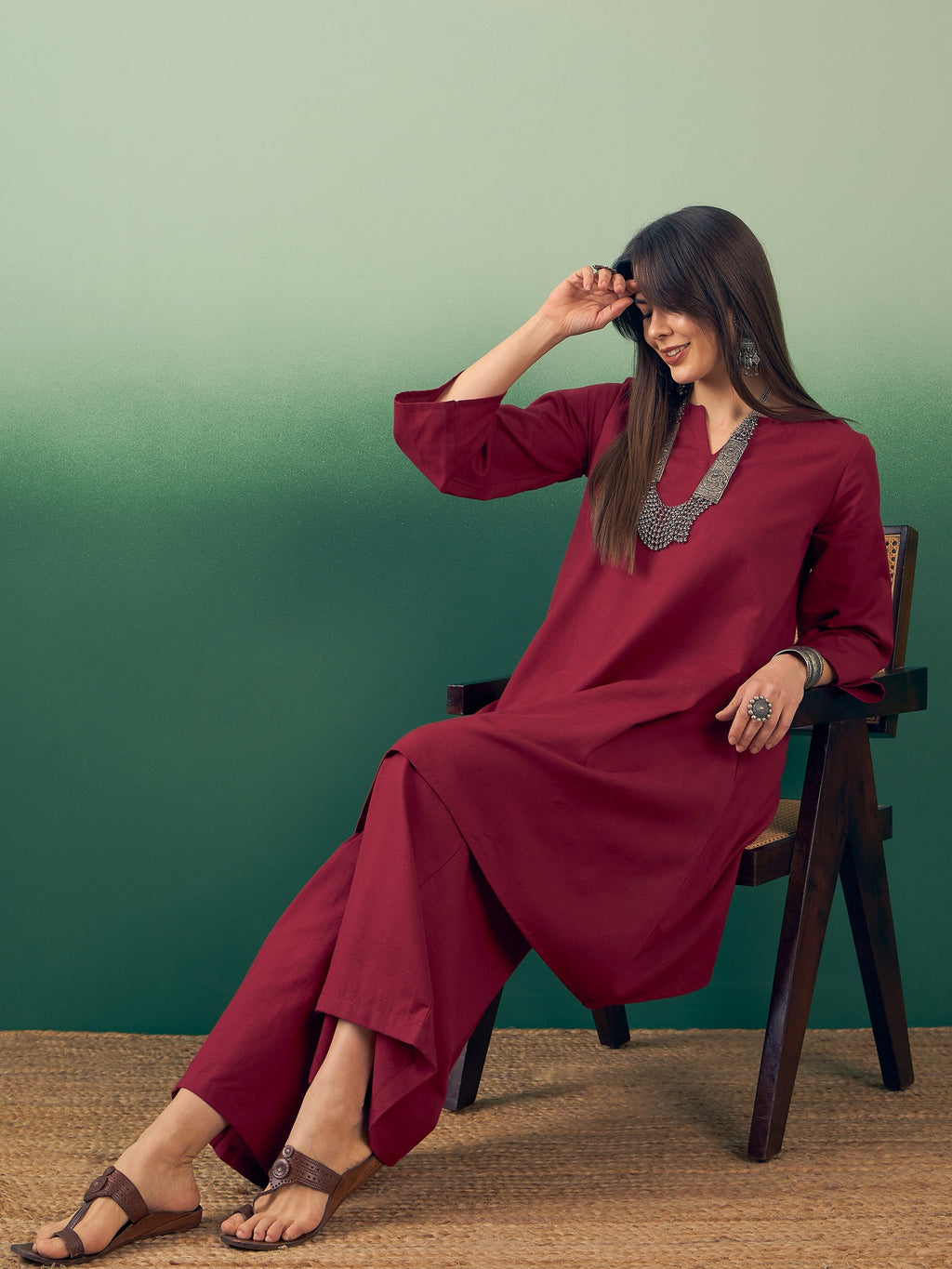 InWeave Burgundy Kurta Palazzo Set