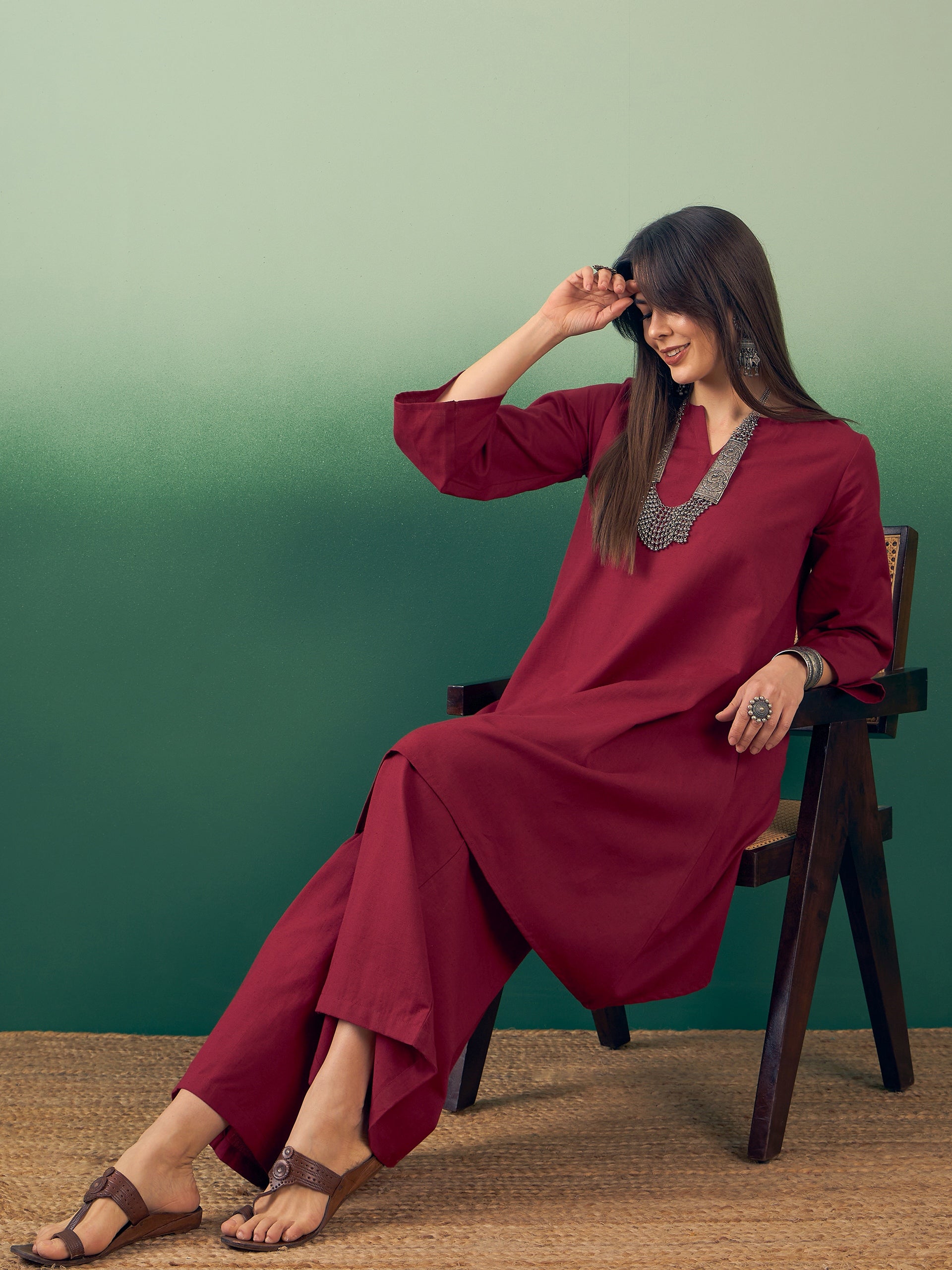 InWeave Burgundy Kurta Palazzo Set