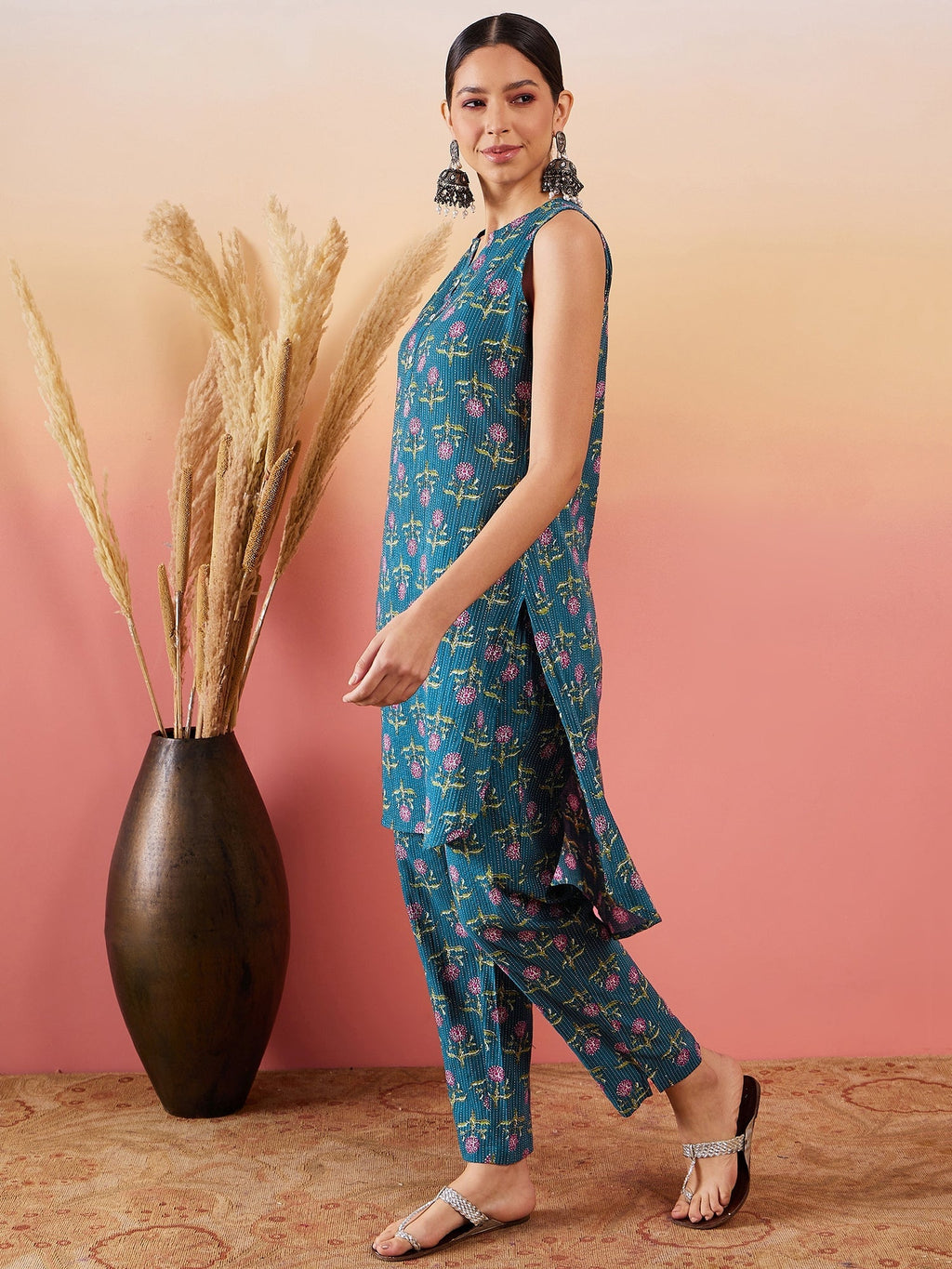 InWeave Teal Kantha Mandarin Kurta Set
