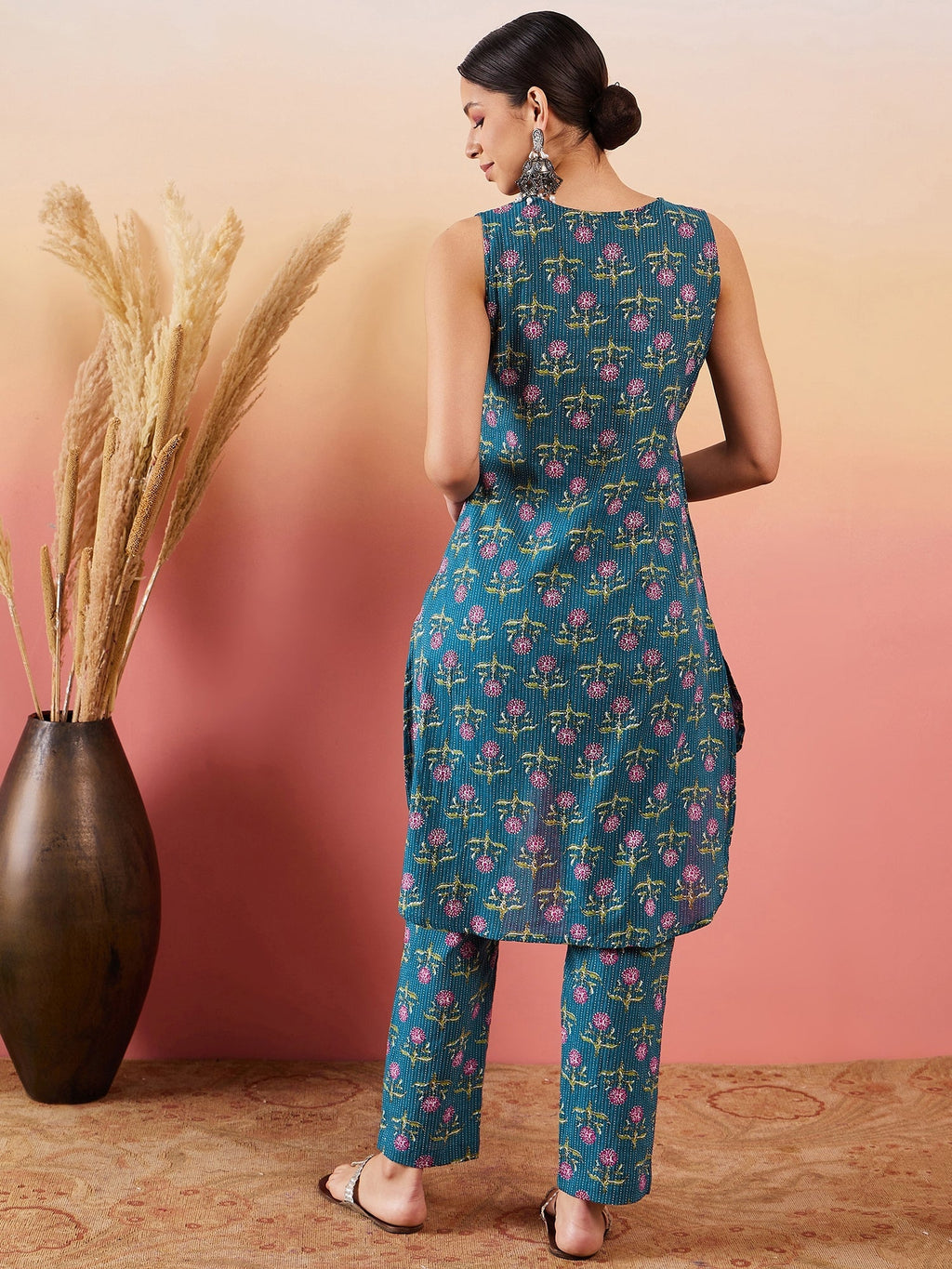 InWeave Teal Kantha Mandarin Kurta Set