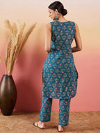 InWeave Teal Kantha Mandarin Kurta Set