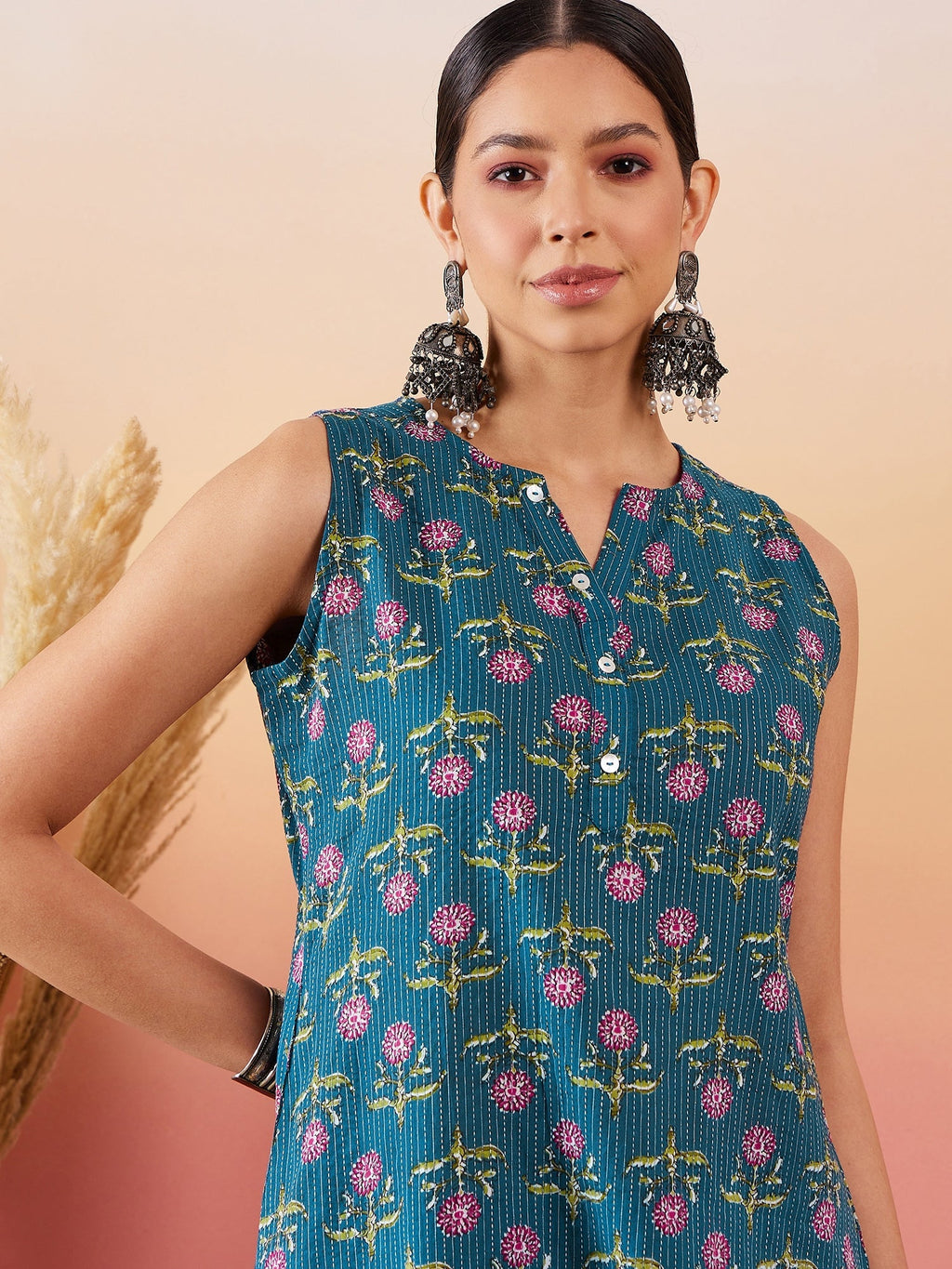 InWeave Teal Kantha Mandarin Kurta Set