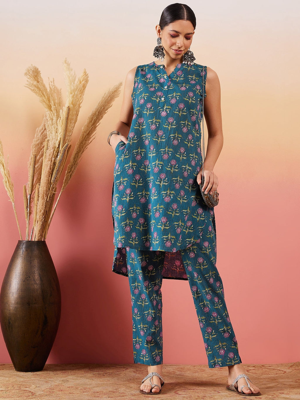 InWeave Teal Kantha Mandarin Kurta Set