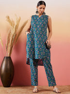 InWeave Teal Kantha Mandarin Kurta Set