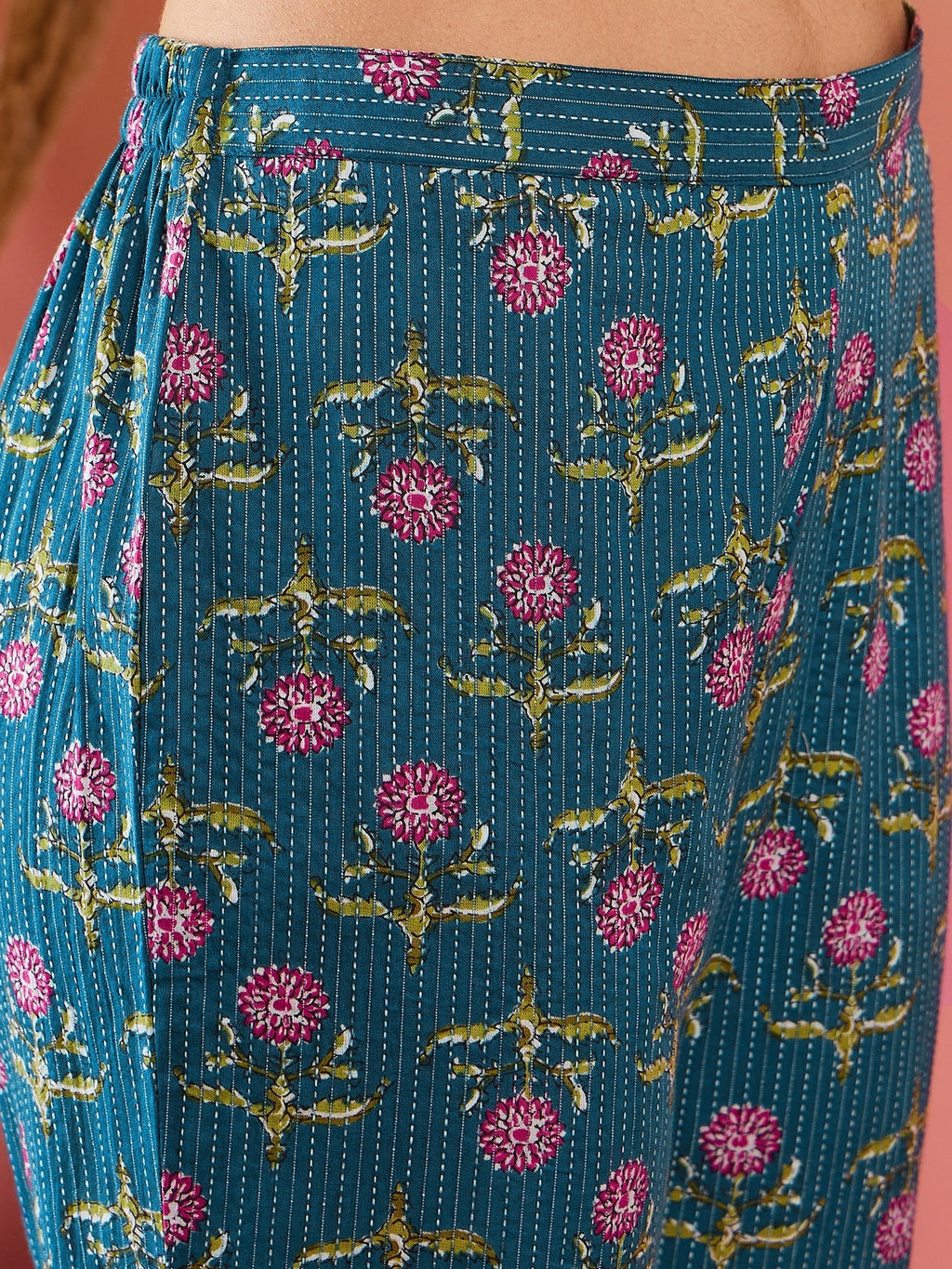 InWeave Teal Kantha Mandarin Kurta Set