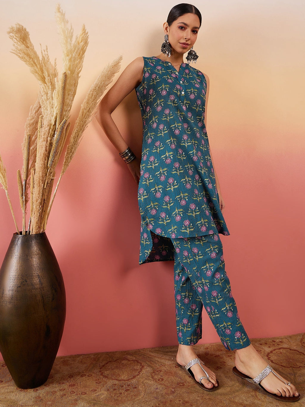 InWeave Teal Kantha Mandarin Kurta Set