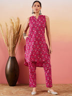 InWeave Red Kantha Print Mandarin V Neck Button Kurta Pant Set