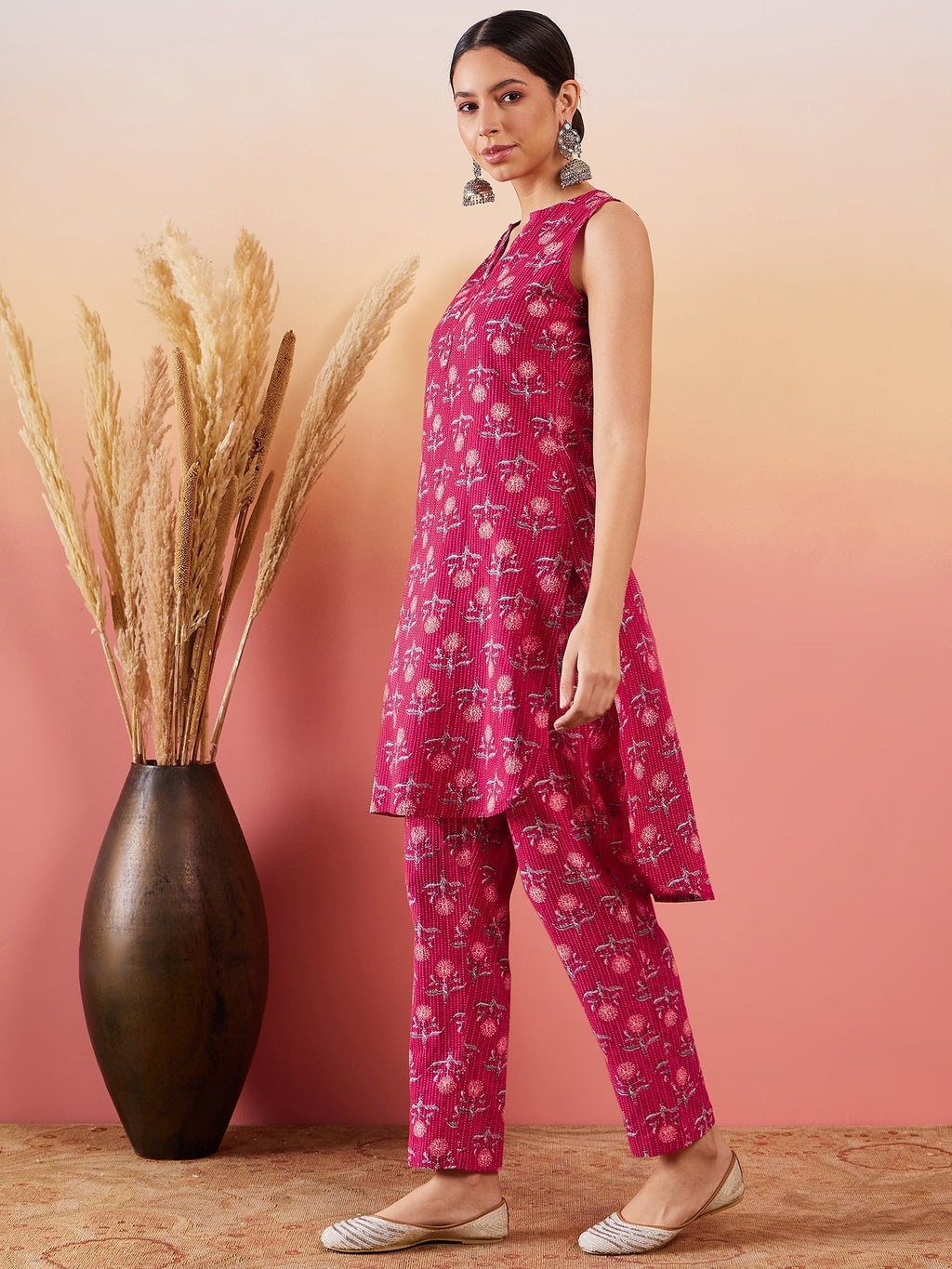 InWeave Red Kantha Print Mandarin V Neck Button Kurta Pant Set